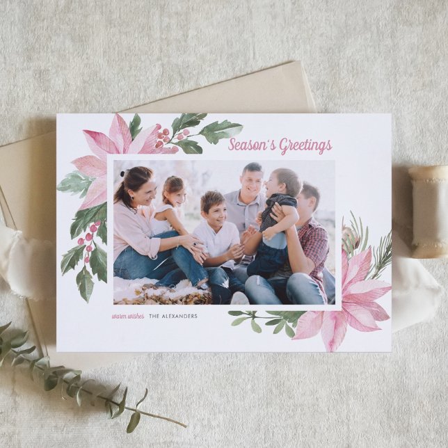Watercolor Pink Poinsettia Season's Greetings Holiday Card (Creator Uploaded)