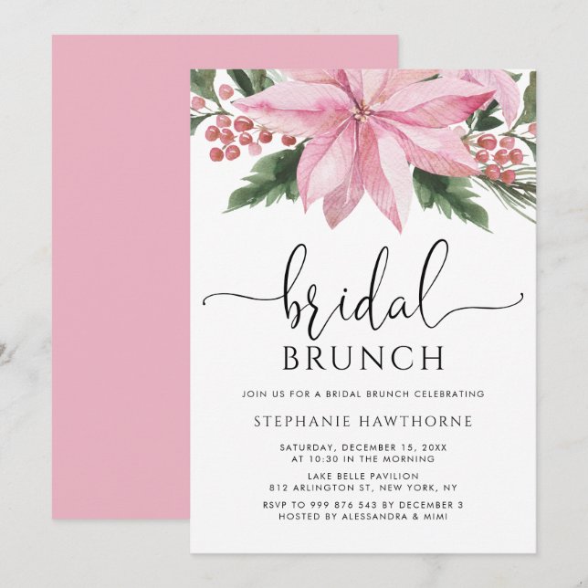 Watercolor Pink Poinsettia Winter Bridal Brunch Invitation (Front/Back)