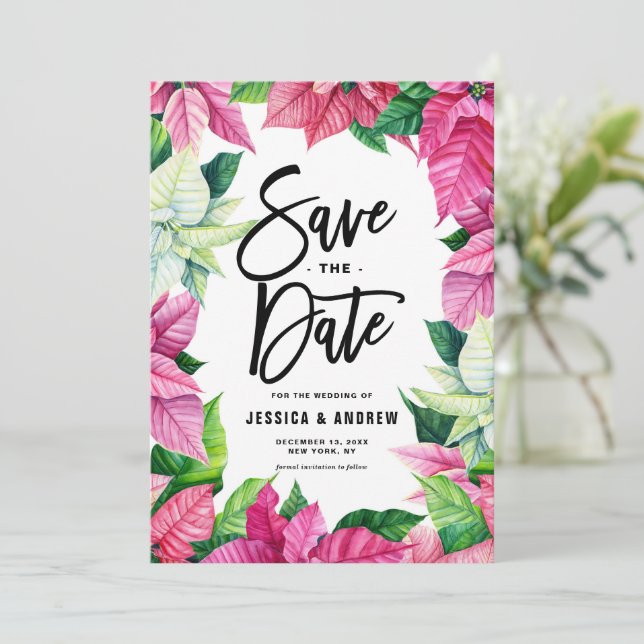 Watercolor Pink Poinsettia Wreath Winter Save The Date (Standing Front)