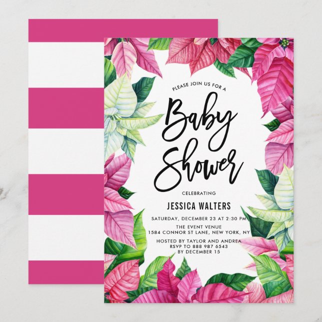 Watercolor Pink Poinsettias Floral Baby Shower Invitation (Front/Back)
