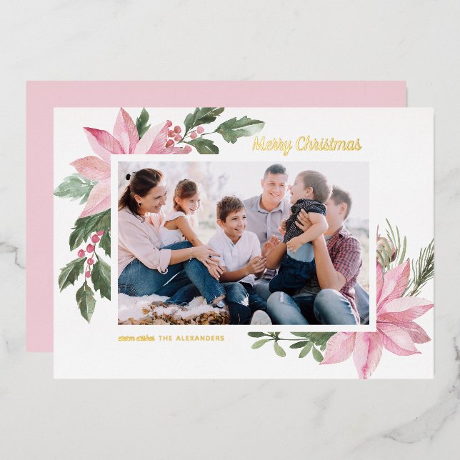 Watercolor Pink Poinsettias Merry Christmas Photo Foil Holiday Card (Front/Back)