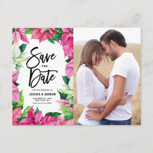 Watercolor Pink Poinsettias Photo Save the Date Postcard