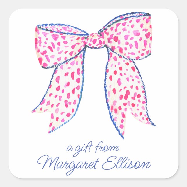 Watercolor Pink Polka Dot Bow Gift Stickers (Front)