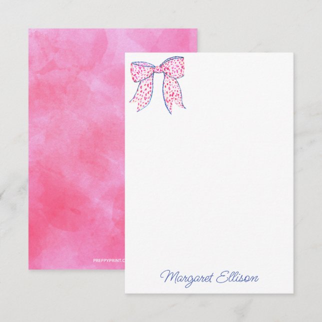 Watercolor Pink Polka Dot Bow Note Cards (Front/Back)