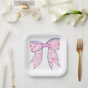 Watercolor Pink Polka Dot Bow Paper Plate