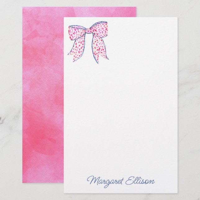 Watercolor Pink Polka Dot Bow Stationery (Front/Back)