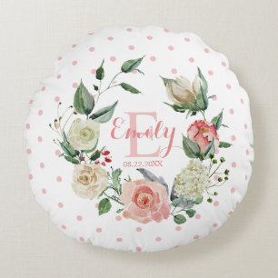 Watercolor Pink Polka Dots Floral Baby Girl Round Cushion