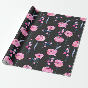 Watercolor pink poppies and floral branches seamle wrapping paper
