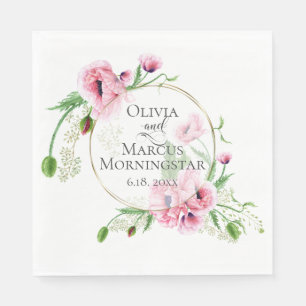 Watercolor Pink Poppies and Foliage Napkin