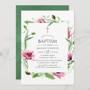 Watercolor Pink Poppies Baptism Invitation