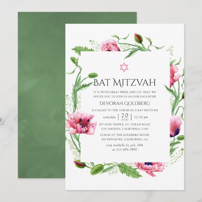 Watercolor Pink Poppies Bat Mitzvah Invitation (Front/Back)