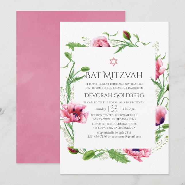 Watercolor Pink Poppies Bat Mitzvah Invitation (Front/Back)