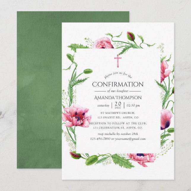 Watercolor Pink Poppies Confirmation Invitation (Front/Back)
