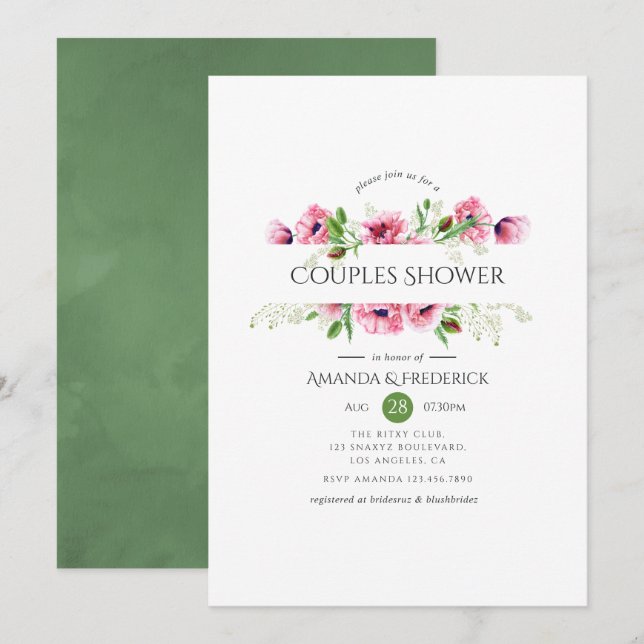 Watercolor Pink Poppies Couples Shower Invitation (Front/Back)