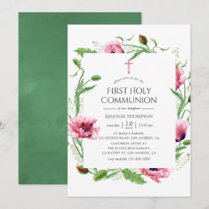 Watercolor Pink Poppies First Holy Communion Invitation