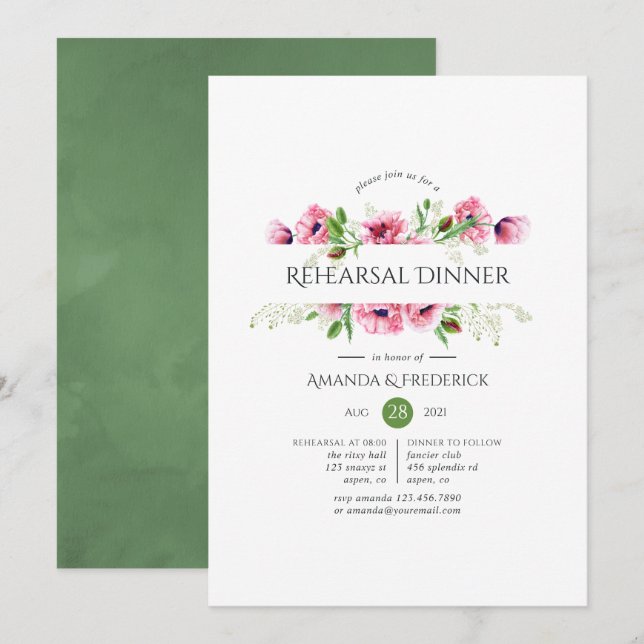 Watercolor Pink Poppies Rehearsal Dinner Invitation (Front/Back)