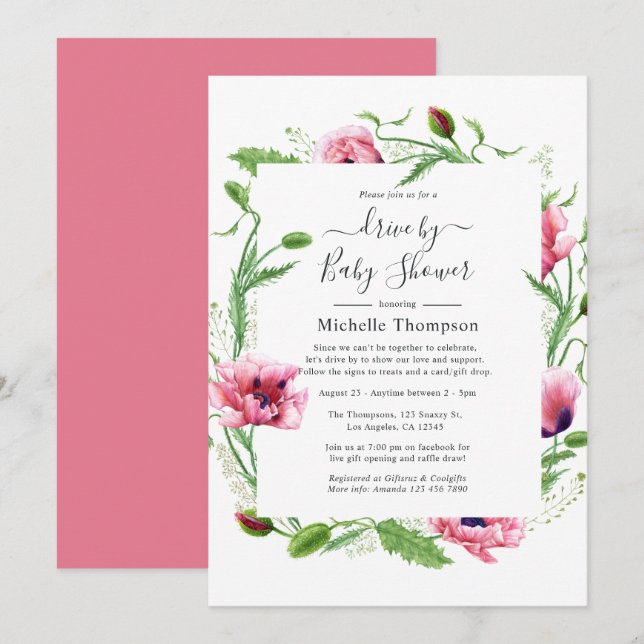 Watercolor Pink Poppies Wedding Invitation (Front/Back)