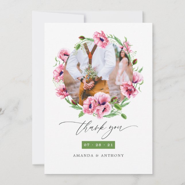 Watercolor Pink Poppies Wedding Photo Thank You Card (Front)
