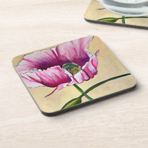 Watercolor pink poppy art flower coaster
