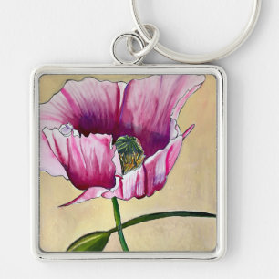 Watercolor pink poppy art flower key ring
