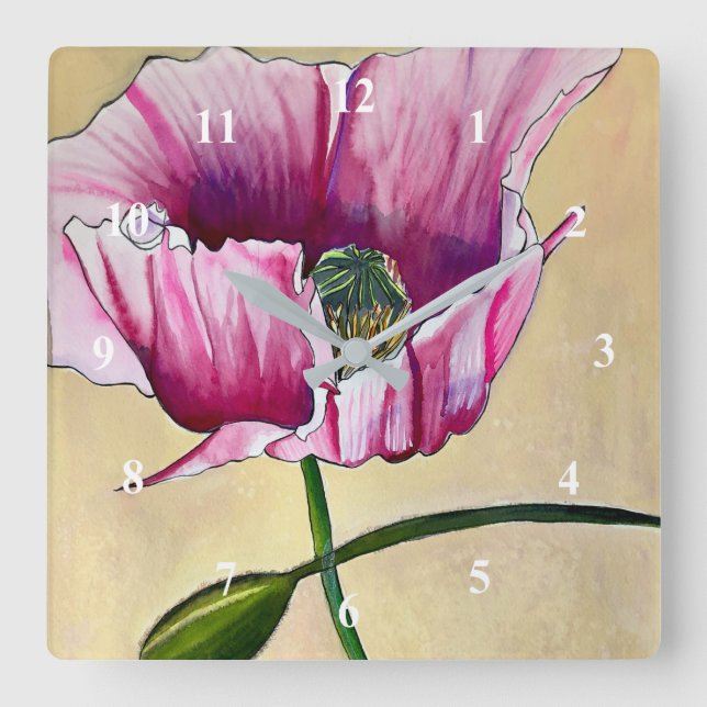 Watercolor pink poppy art flower square wall clock (Front)