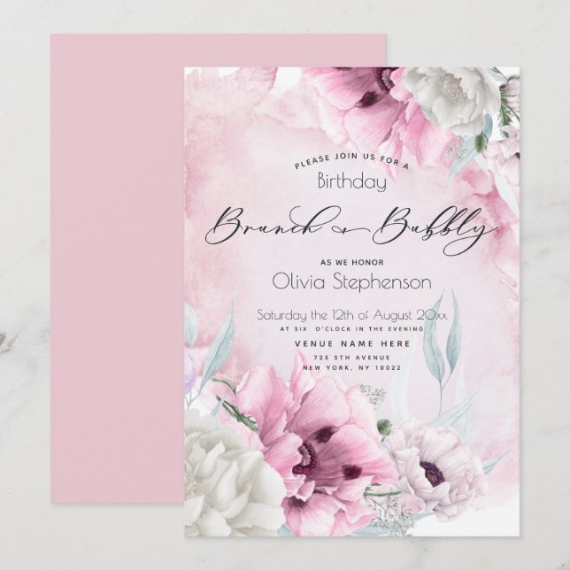 Watercolor Pink Poppy Birthday Invitation (Front/Back)