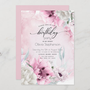 Watercolor Pink Poppy Birthday Party Invitation