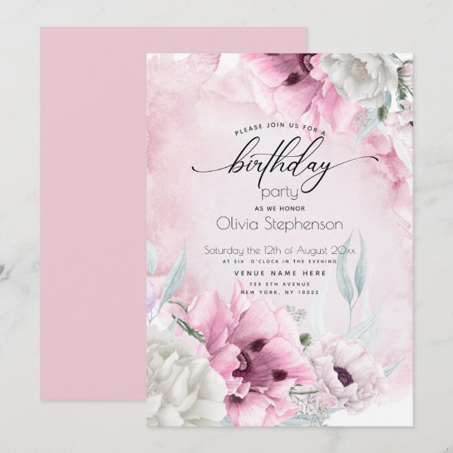 Watercolor Pink Poppy Birthday Party Invitation (Front/Back)