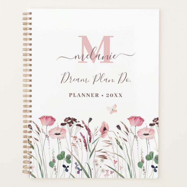 Watercolor Pink Poppy Custom Name Monogram Planner (Front)