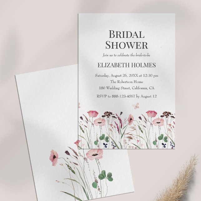 Watercolor Pink Poppy Meadow Bridal Shower Invitation (Watercolor Pink Poppy Meadow Bridal Shower Invitation on a table.)