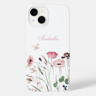 Watercolor Pink Poppy Meadow Custom Name Case-Mate iPhone 14 Case