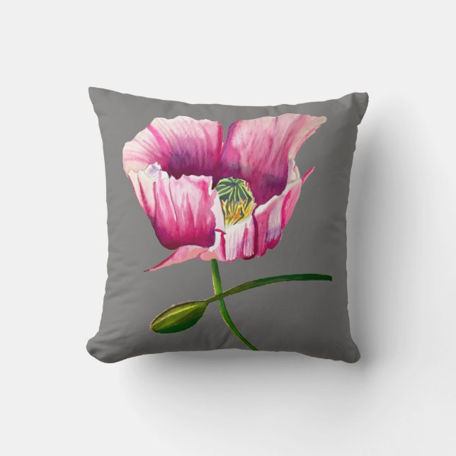 Watercolor pink poppy pretty flower cushion (Front)