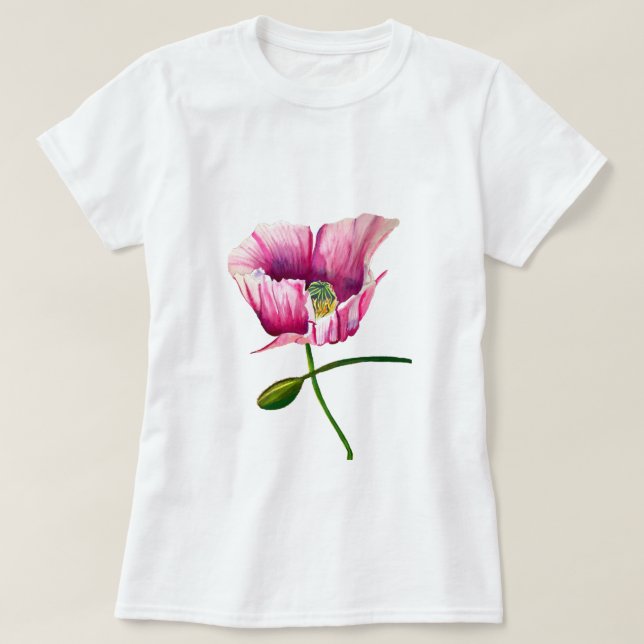 Watercolor pink poppy pretty flower T-Shirt (Design Front)