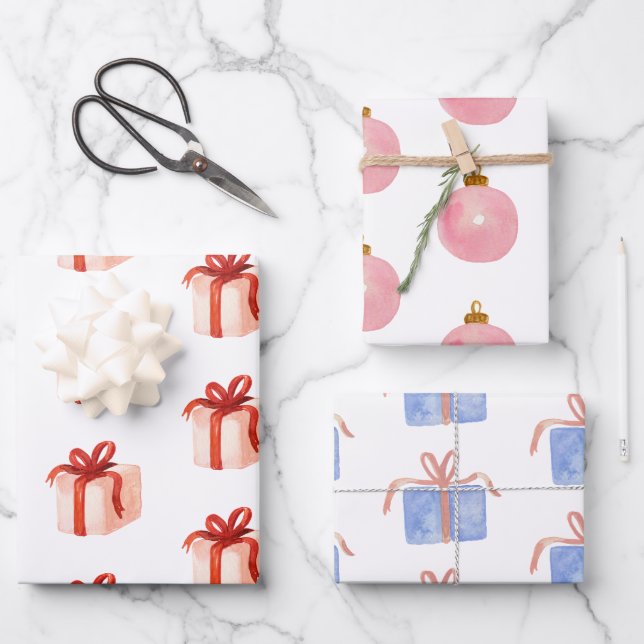 Watercolor Pink Presents & Ornaments Wrapping Paper Sheet (Front)