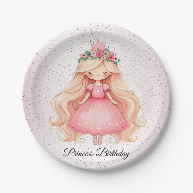 Watercolor Pink Princess Baby Shower Party Cute Paper Plate (Front)