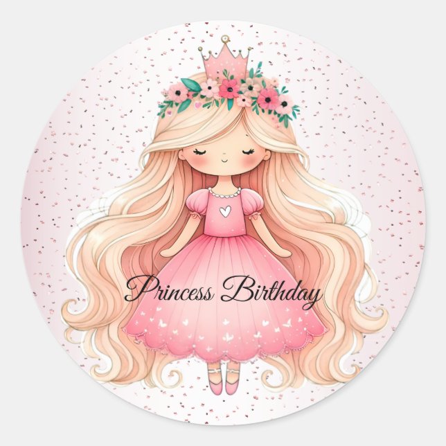 Watercolor Pink Princess Birthday Party Cute Classic Round Sticker (Front)