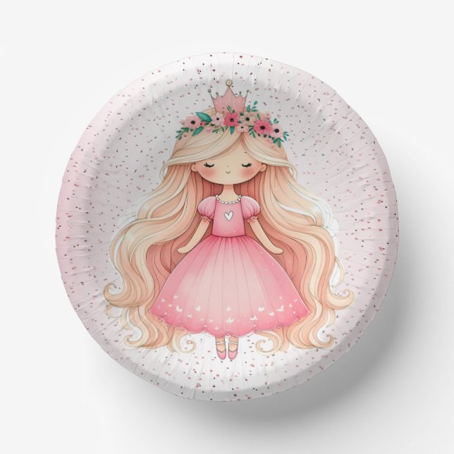 Watercolor Pink Princess Birthday Party Cute Paper Plate (Front)