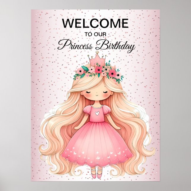 Watercolor Pink Princess Birthday Party Cute Poster (Front)