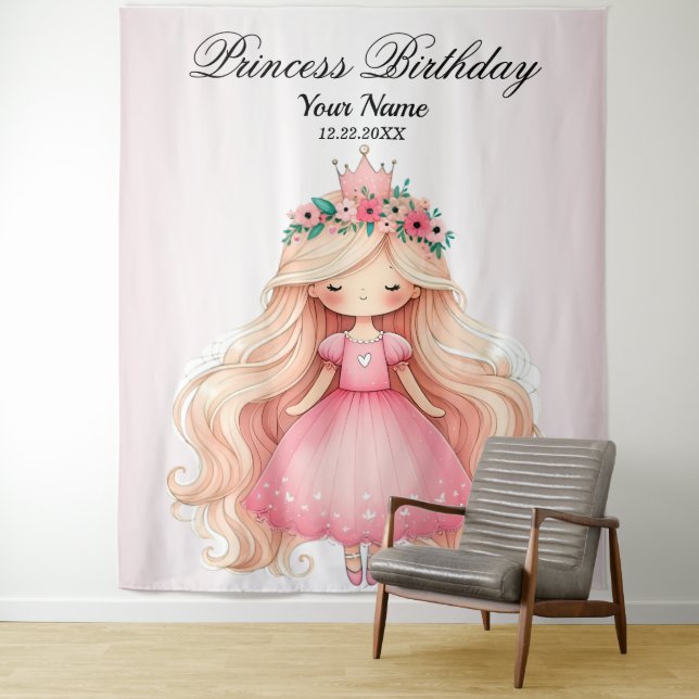 Watercolor Pink Princess Birthday Party Cute Tapestry (In Situ)