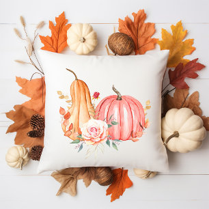 Watercolor Pink Pumpkin and Autumn Flowers Cushion