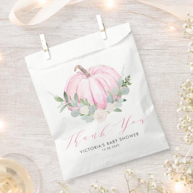 Watercolor Pink Pumpkin Autumn Baby Shower Favour Bags (Clipped)