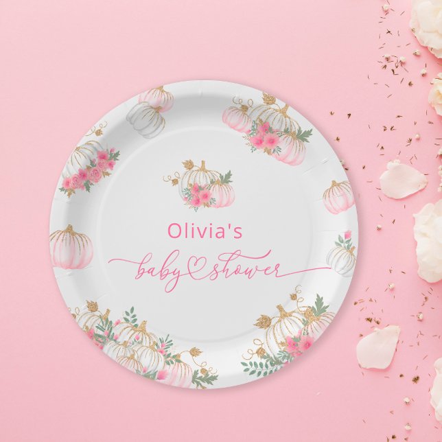 Watercolor Pink Pumpkin Cute Baby Shower Paper Plate (Creator Uploaded)