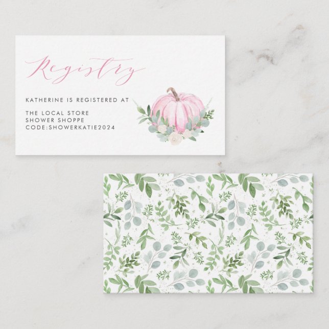 Watercolor Pink Pumpkin Fall Baby Shower Registry Enclosure Card (Front/Back)