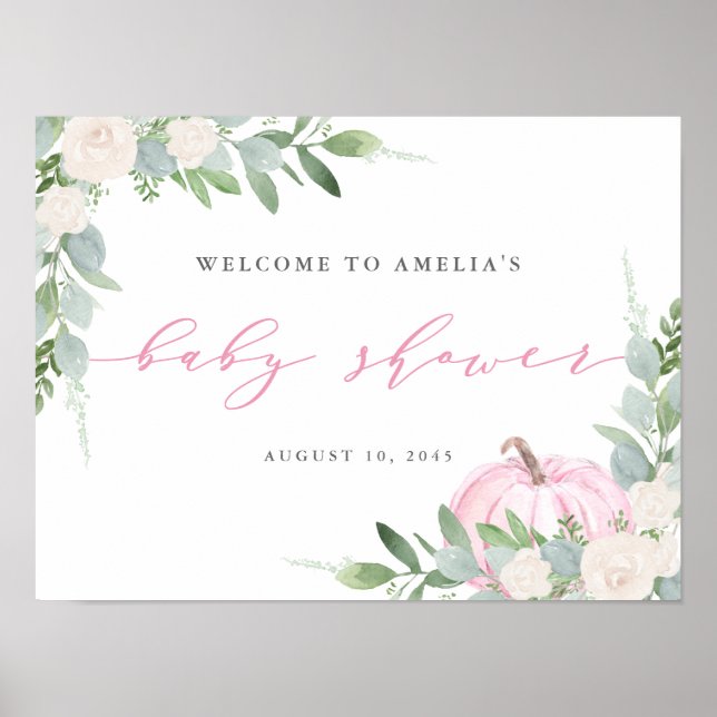 Watercolor Pink Pumpkin Fall Baby Shower Welcome Poster (Front)
