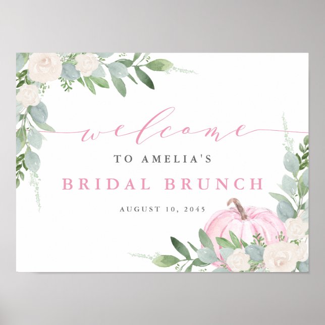 Watercolor Pink Pumpkin Fall Bridal Brunch Welcome Poster (Front)