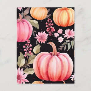 Watercolor Pink Pumpkin Floral Pattern Holiday Postcard