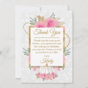 Watercolor Pink Pumpkin Flowers Gold Foil Sweet 16 Thank You Card