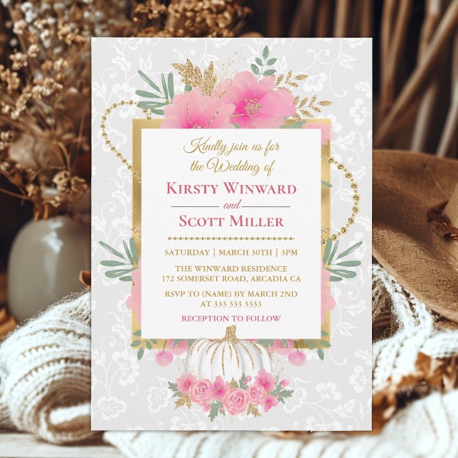 Watercolor Pink Pumpkin Flowers Gold Foil Wedding Invitation (Creator Uploaded)