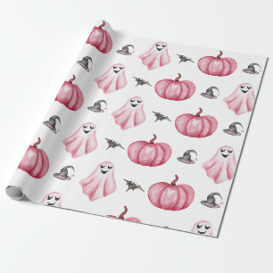 Watercolor Pink Pumpkin Ghost Witch Hat Halloween Wrapping Paper