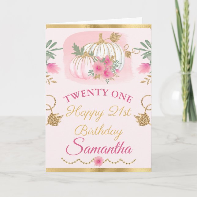 Watercolor Pink Pumpkin Gold Birthday Card (Front)